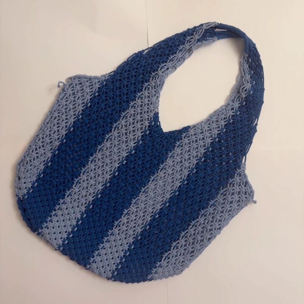 Large Blue Striped Knit Crochet Hobo Tote Bag